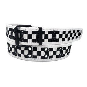 White and Black Checkered 2 Holes Row Grommet Canvas Fabric Web Belt Size Medium